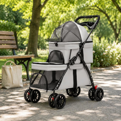 Double-Deck Pet Stroller Lockable Wheels Small Dog Feline Stroller Pet Transport Storage Pockets Removable Liner for Outdoor