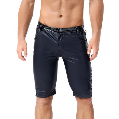 Mens Faux Leather Shorts Pants Patchwork Side Button Pocket Casual Pencil Trousers Party Clubwear Stage Pants Streetwear 2XL