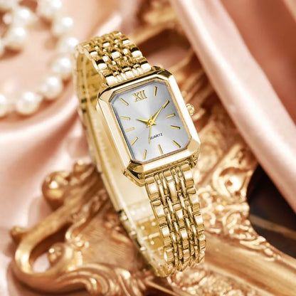 5PCS Womens Elegant Rectangle Rhinestone Quartz Watch Jewelry Set Fashion Women Watches Reloj Mujer Girl Clock Gift（Without Box）