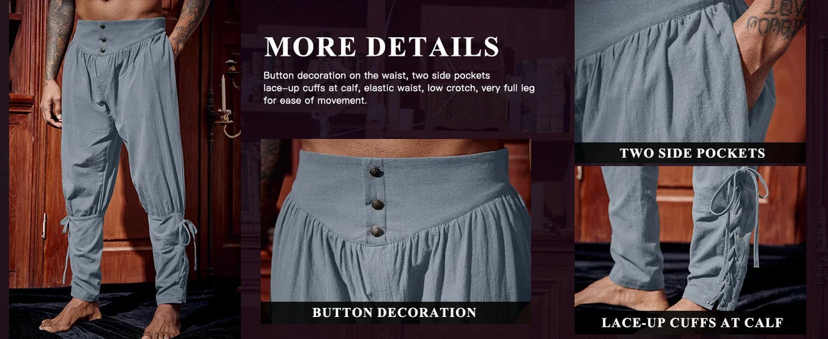 Mens Medieval Ankle Pants Renaissance Viking Pirate Lace Up Tapered Halloween Linen Costume Trousers Cargo Pants