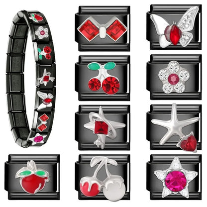 2025 New Original Black Red Stars Love Heart Bows Flower Italian Charm Link Fit 9mm Stainless Steel Jewelry DIY Making Bracelets