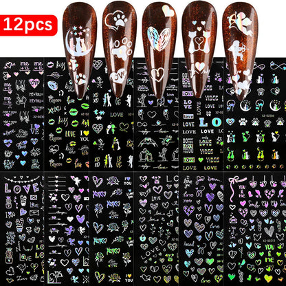 12pcs/set Cute Cartoon Dog/Cat Nail Art Stickers 3D Graffiti Black Cat Dog  Nail Decals 8*10cm Self-Adhesive Cartoon Nail Art Su