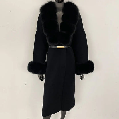 Long Knitwear Coat Women Warm Belt Real Fox Fur Jacket Female 2024 New Autumn Winter Kintted Natural Fur Coat Women