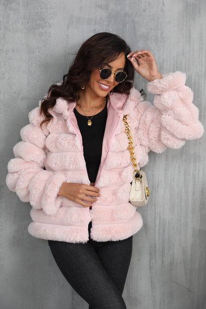 2026 Faux Fur Women Coats Hooded Full Sleeve Short Coat Zipper Thick Warm Solid Temperament Elegant Splice Autumn Winter