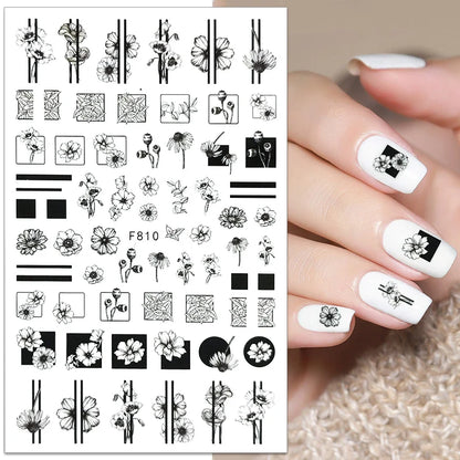 Black and White Love Flowers Line Art 3D Stickers Nail Decals Nail Art Accessories Butterfly Rose Nail Stickers Nail Sliders
