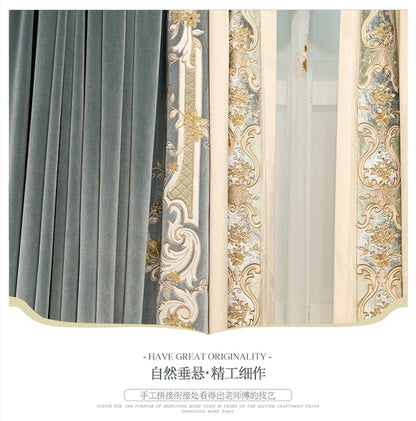 European Embroidered Thickened Blackout Blue Velvet Curtains for Living Room Bedroom Blackout  Lace Luxury Valance Tulle Custom