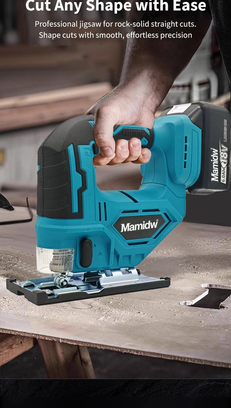 Mamidw Cordless Jigsaw Electric Curve Saw 3000RPM No-Load Speed, 20mm Stroke Length, 45° Tilting Function, Ergonomic Handle, Powered Precision Saw for Wood, Metal, Plastic Cutting, DIY & Professional Use (Tool Only) Compatib