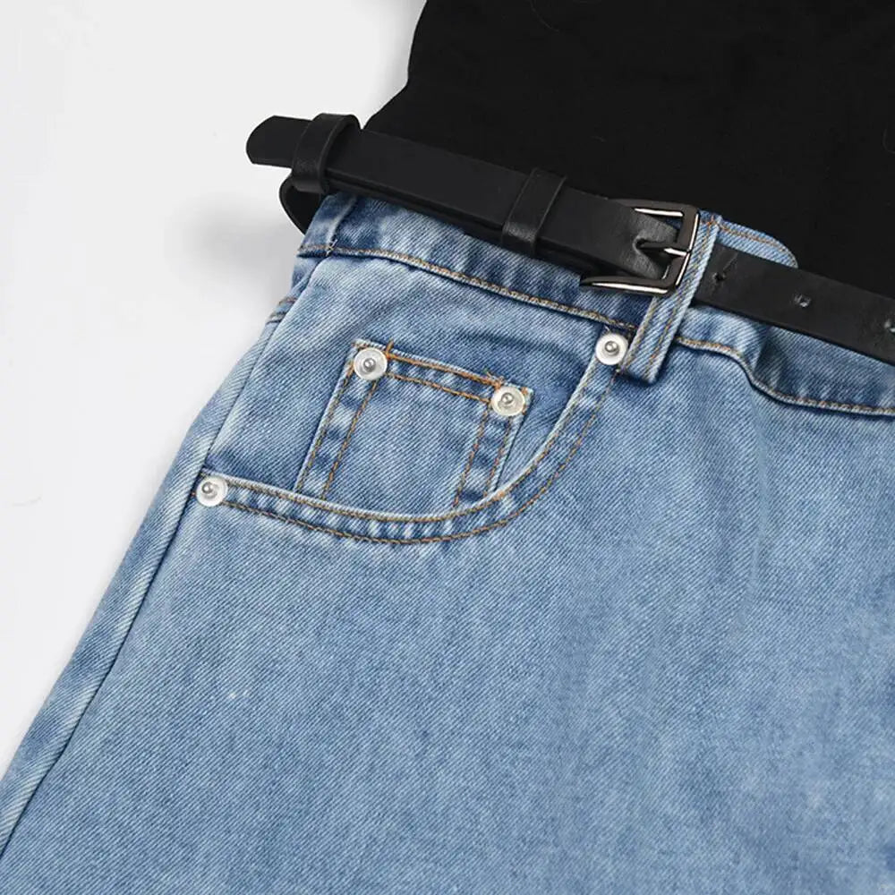 LGRQ Denim Patchwork Pants For Women Fashion New High Waist Contrast Color Belt Straight Pant Female 2026 Summer New 17A2013H