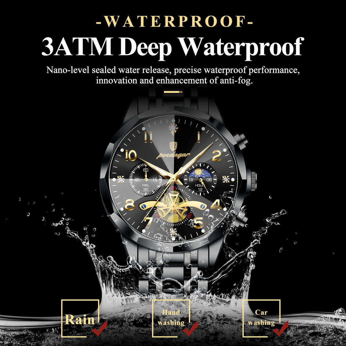 POEDAGAR Luxury High Quality Man Wristwatch Chronograph Stainless Steel Quartz Men's Watches Waterproof Luminous Men Clock Reloj