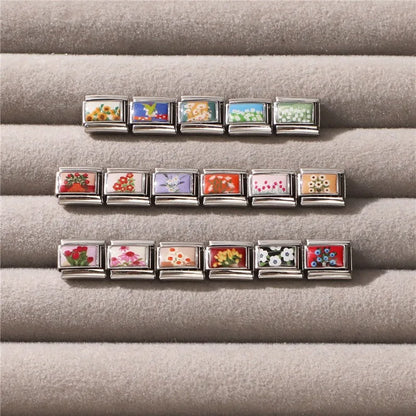 2025 Women's Fashion Colorful Flowers Oil Painting Style Series Italian Charms Fit 9mm Stainless Steel Bracelet DIY Jewelry Gift