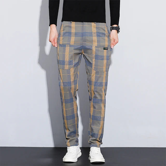 Autumn Winter Luxury Plaid Check Pattern Casual Pants Men Thick Business Elastic Waist Slim Fit Korean Pocket Long Trousers Male