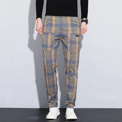 Autumn Winter Luxury Plaid Check Pattern Casual Pants Men Thick Business Elastic Waist Slim Fit Korean Pocket Long Trousers Male