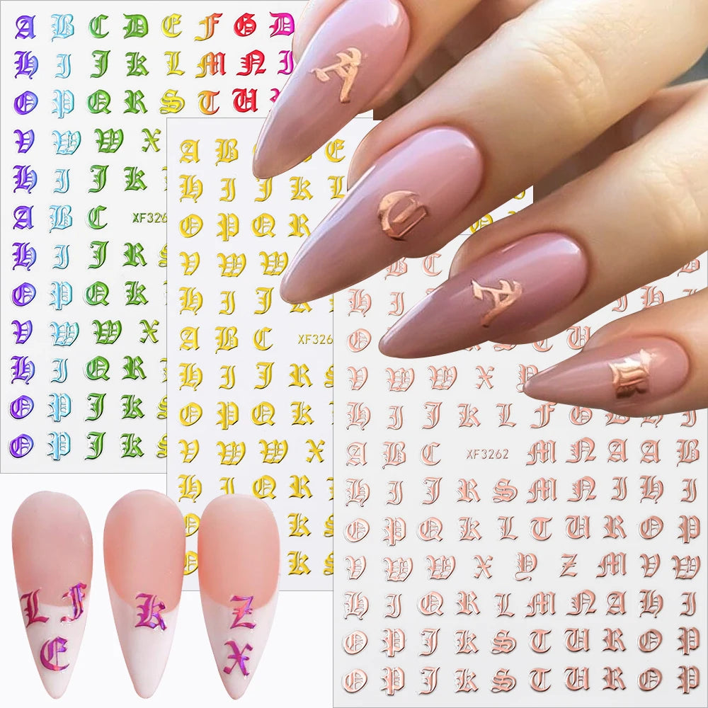 3D Glittery Gothic Letter Design Nail Art Stickers Uppercase Alphabet Letters Artistic Designs DIY Nail Art Decals Decoration #1