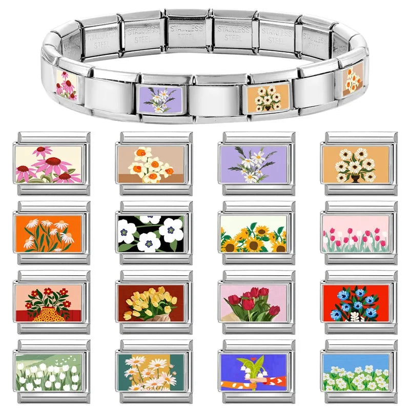 2025 Women's Fashion Colorful Flowers Oil Painting Style Series Italian Charms Fit 9mm Stainless Steel Bracelet DIY Jewelry Gift