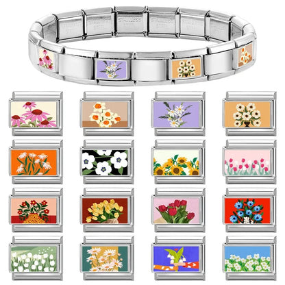 2025 Women's Fashion Colorful Flowers Oil Painting Style Series Italian Charms Fit 9mm Stainless Steel Bracelet DIY Jewelry Gift