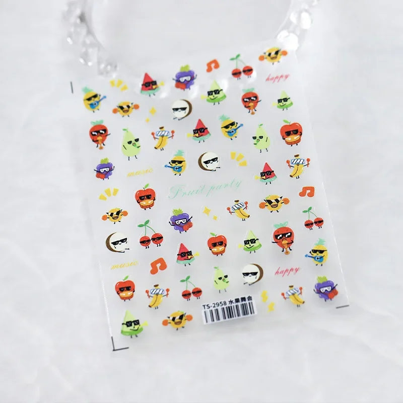 Fresh Sweet Fruits Strawberry Cherry Bowknot Love Heart Lemon 5D Nail Art Stickers Self Adhesive Decorations Nail Manicure Decal