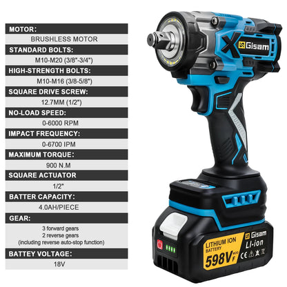 Gisam 900N.M Brushless Electric Impact Wrench 1/2" Cordless High Torque Wrench Drill Screwdrivers Tools For Makita Battery Pin