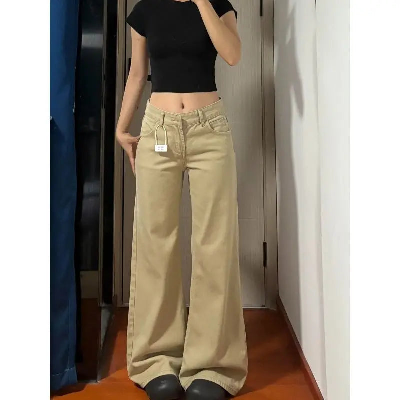 American Vintage Flared Jeans Women New Low Waist Loose Khaki Straight Leg Floor Length Versatile Denim Pants Bootcut Trousers