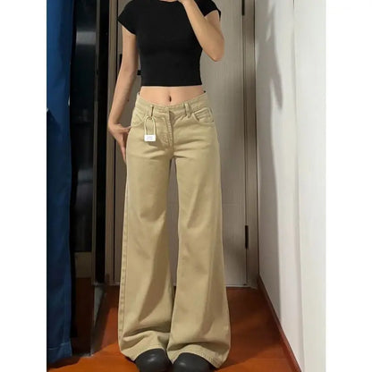 American Vintage Flared Jeans Women New Low Waist Loose Khaki Straight Leg Floor Length Versatile Denim Pants Bootcut Trousers
