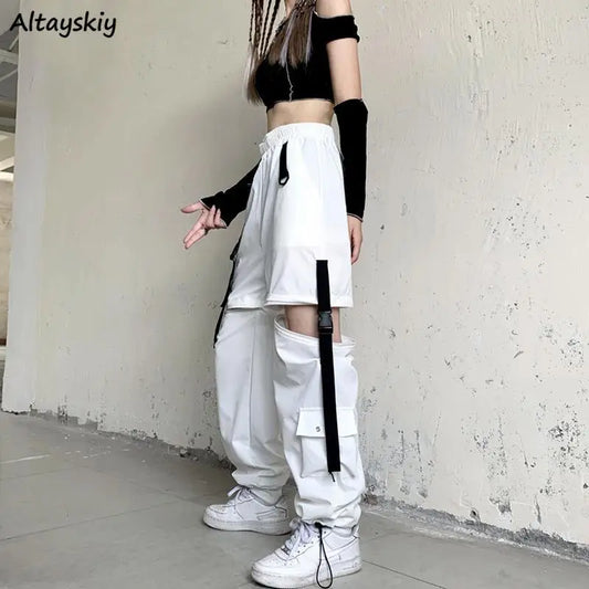 Casual Pants Women Cargo Korean Style Solid Spring Young Ladies Elastic Waist Popular Street Wear  Simple Ins Cozy Cool