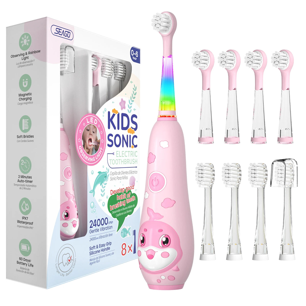 Seago Kids Electric Toothbrush Child Dolphin Colorful Observing LED 2 Mins Smart Timer IPX7 Waterproof Teeth Cleaning