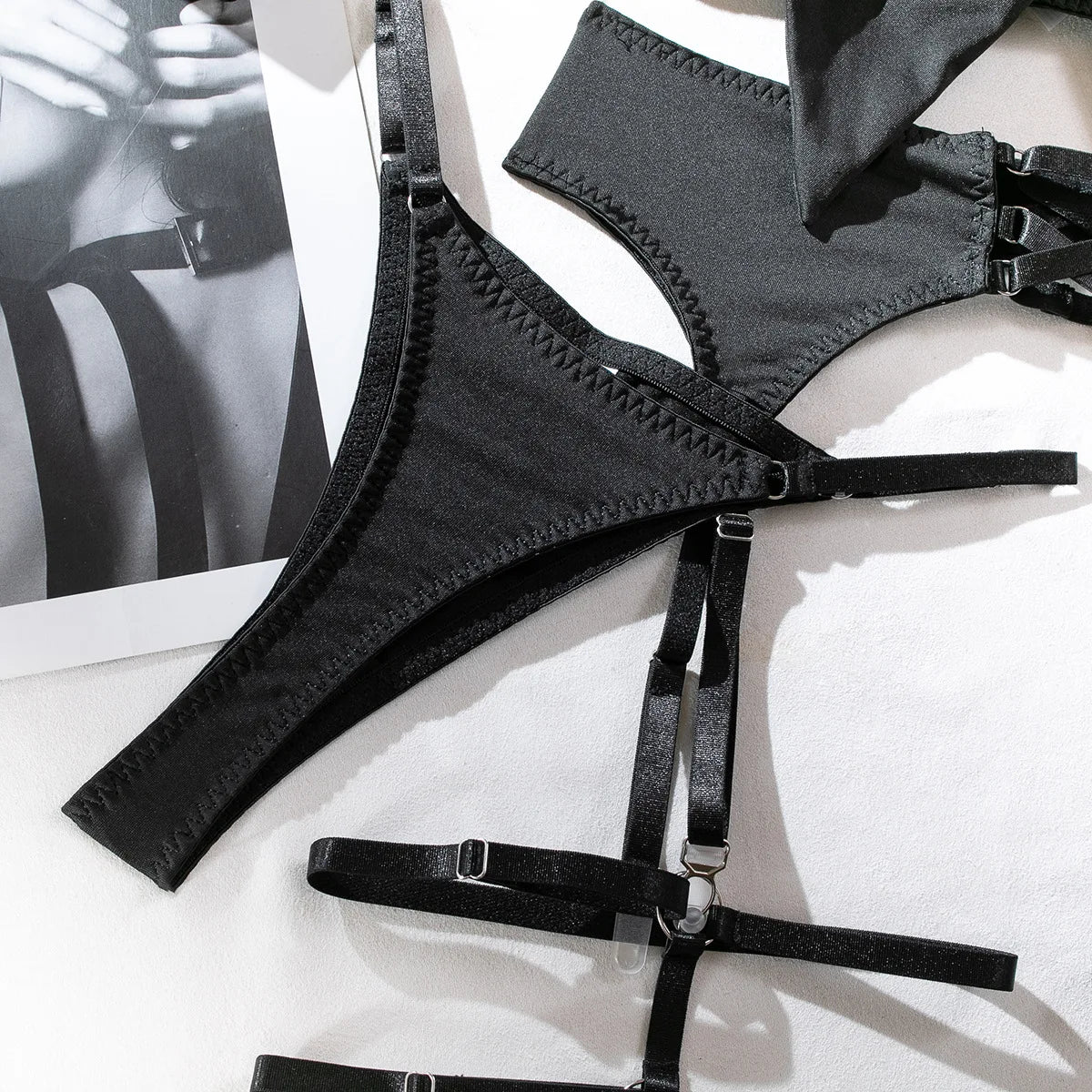 sexy lingerie set Bow bra Black Temptation Bra Set Belt Hollowed Out Gathering Four Piece underwear women Set Erotic Sleepwear