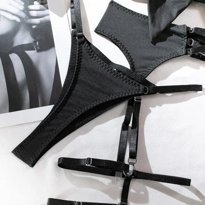 sexy lingerie set Bow bra Black Temptation Bra Set Belt Hollowed Out Gathering Four Piece underwear women Set Erotic Sleepwear