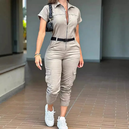 Fashion Women's Jumpsuit New Sexy Zipper Workwear Short Sleeved Lapel Multi Pocket Waistband Bodysuit Pants Female 2024 Summer