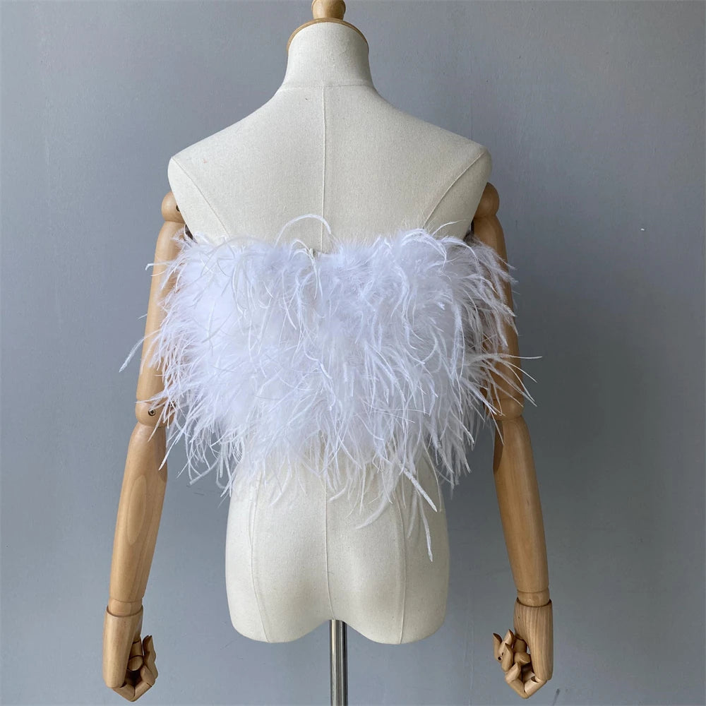Jaxmonoy New Women Ostrich Feather Tube Spring Summer Sexy Stretch Top Bra Lady Party Wedding Fashion Sleeveless Cropped Top