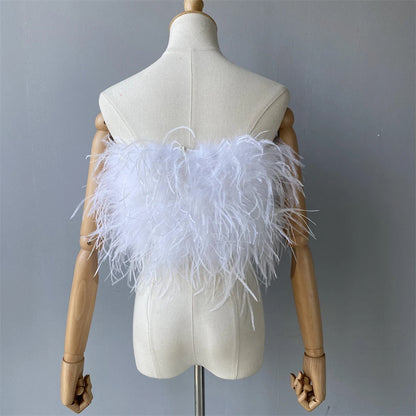 Jaxmonoy New Women Ostrich Feather Tube Spring Summer Sexy Stretch Top Bra Lady Party Wedding Fashion Sleeveless Cropped Top