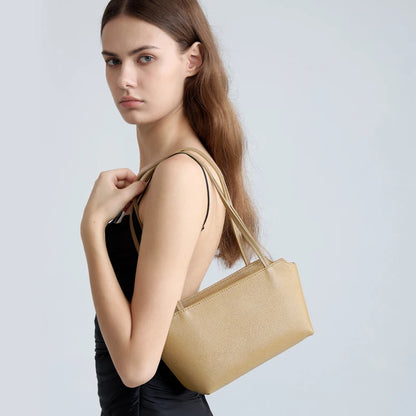 Luxury Women's Genuine Cowhide Leather Mini Shoulder Tote Bag Pebbled Leather Long Strap Underarm Handbag Minimalist Daily Purse