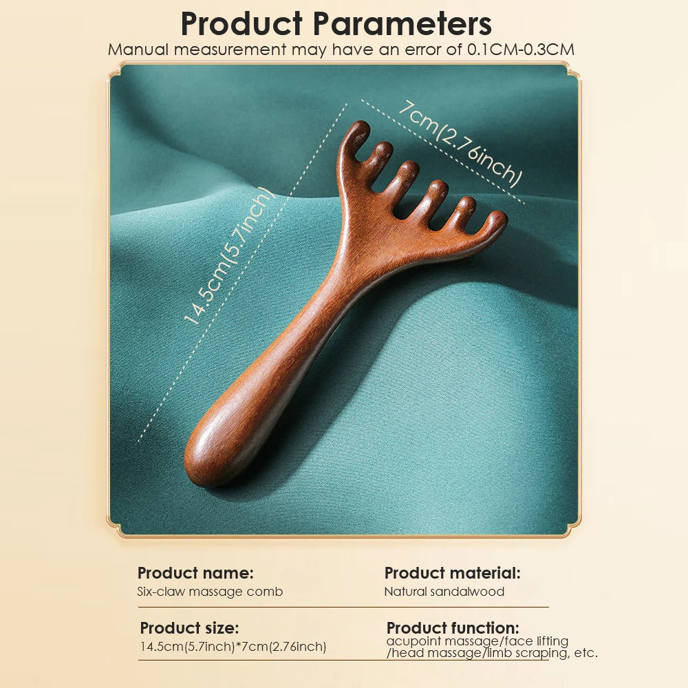 Wooden Meridian Massage Comb Anti-static 6-Claw Head Massager Promote Blood Circulation Body BGua Sha Tool Head Massage Brush