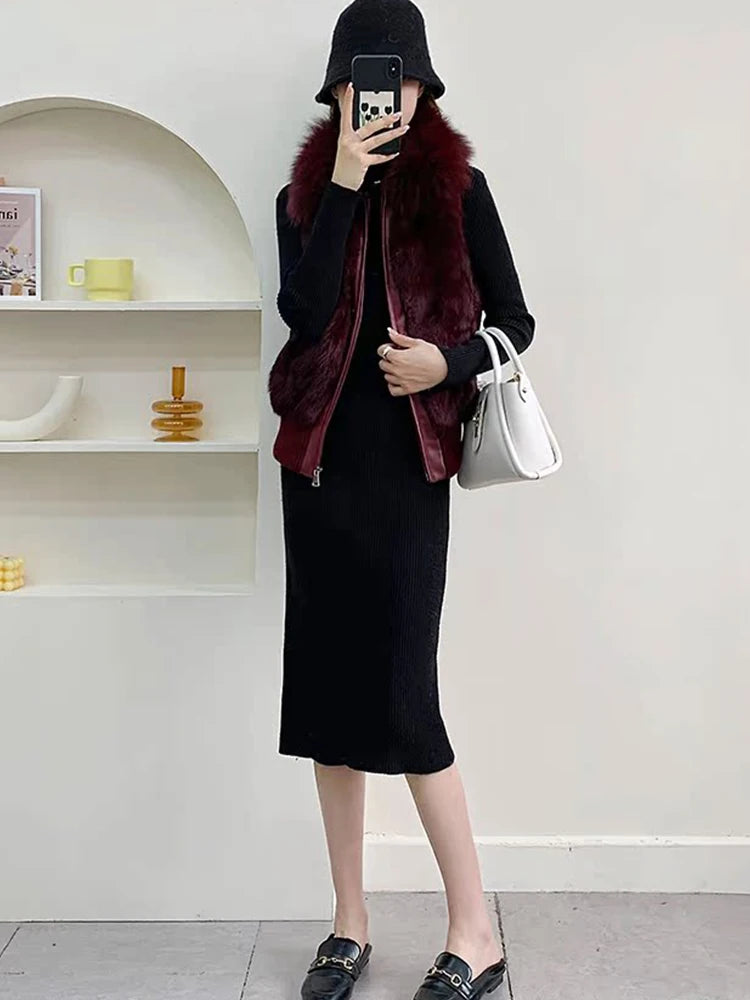 Women's Genuine Real Rabbit Fur Vest Coat Knitting Winter Fox Fur Collar Fur Jacket Casual Short Outwear Slim with Zipper