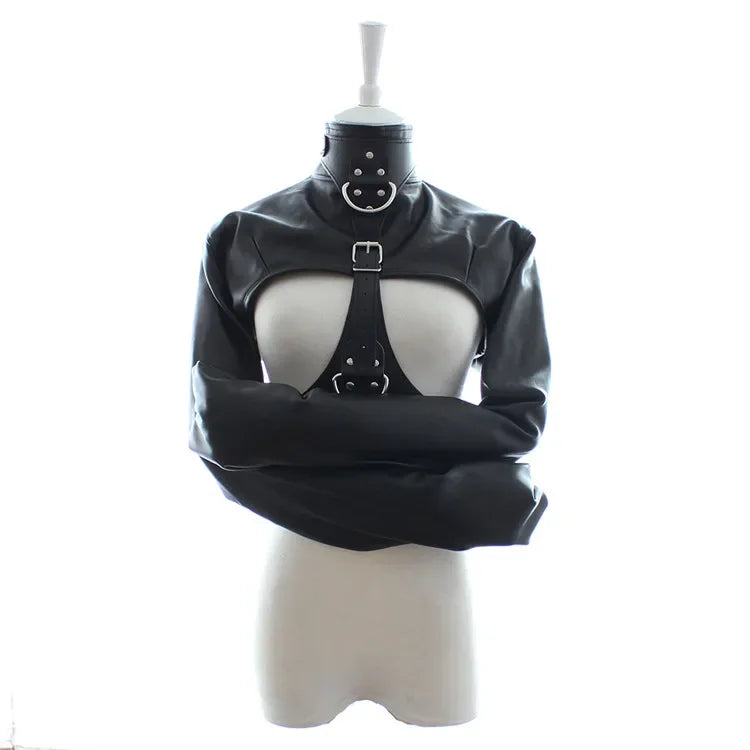 Female BDSM Bondage Breast Exposed  PU Leather Straitjacket Restraint Body Harness Jacket Long Sleeves Play Flirting Women