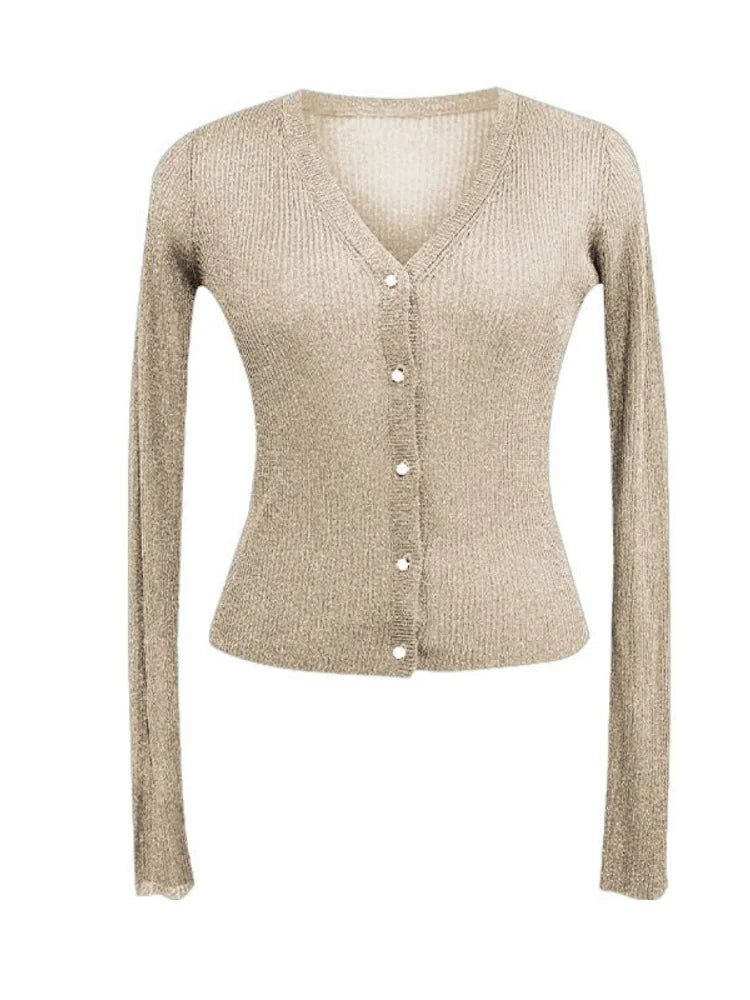 Women Shiny Gold Thread Spring Summer Ice Silk Knitted Cardigan Ribbed Pearl Button Sun Protection Top V-neck Ice Silk Knitwear