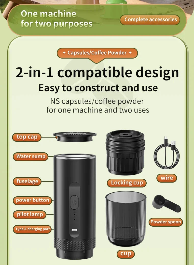 20 Bar Self-Heating Wireless Portable Espresso Maker, One-Click Automatic Extraction Mini Coffee Machine, Multi Capsule Compatible Rechargeable Travel Coffee Maker, Compact Portable Coffee Brewer for Car, Road Trip, Camping,