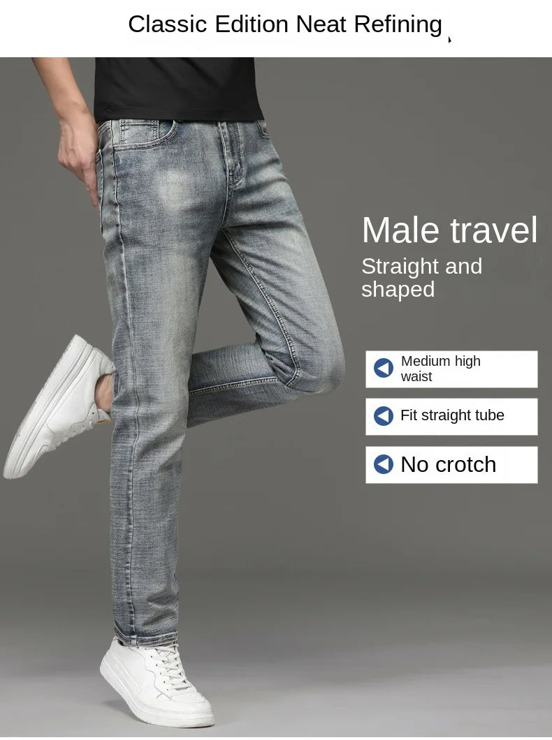 High-end Light Luxury Brand Jeans Men's Retro Slim Fit Straight Versatile Casual Gray Trousers Autumn and Winter Thick Jeans