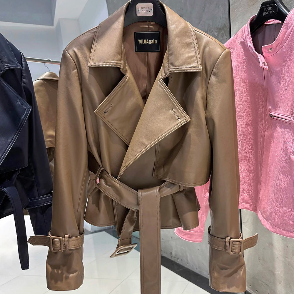 YOLOAgain 2025 Autumn Elegant Real Leather Jacket Coat Women Oversized Leather Jacket With Belt