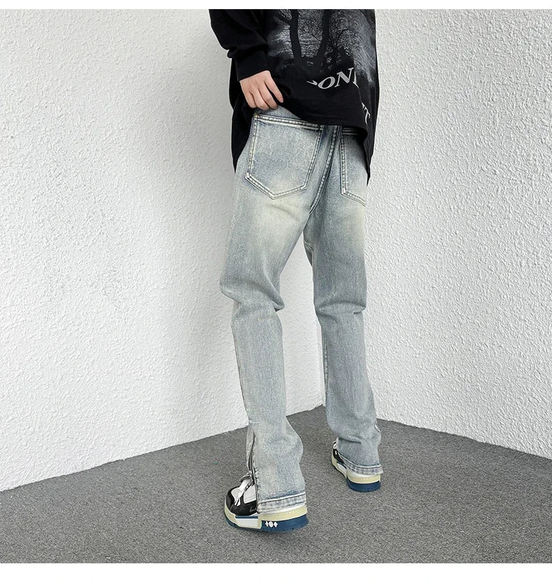 2024 Spring Autumn Korean Men Fashionable Retro Street Jeans Zip Design on Trouser Legs Straight-leg Denim Pants Men's Clothing