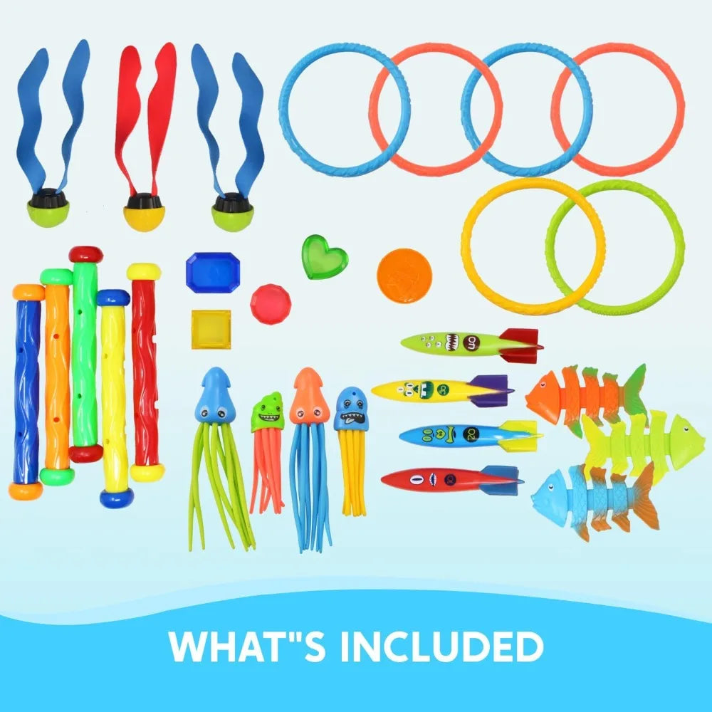 Sloosh 30 Pcs Diving Pool Toys Sinkers for kids with Storage Bag Includes 5 Diving Sticks 6 Diving Rings