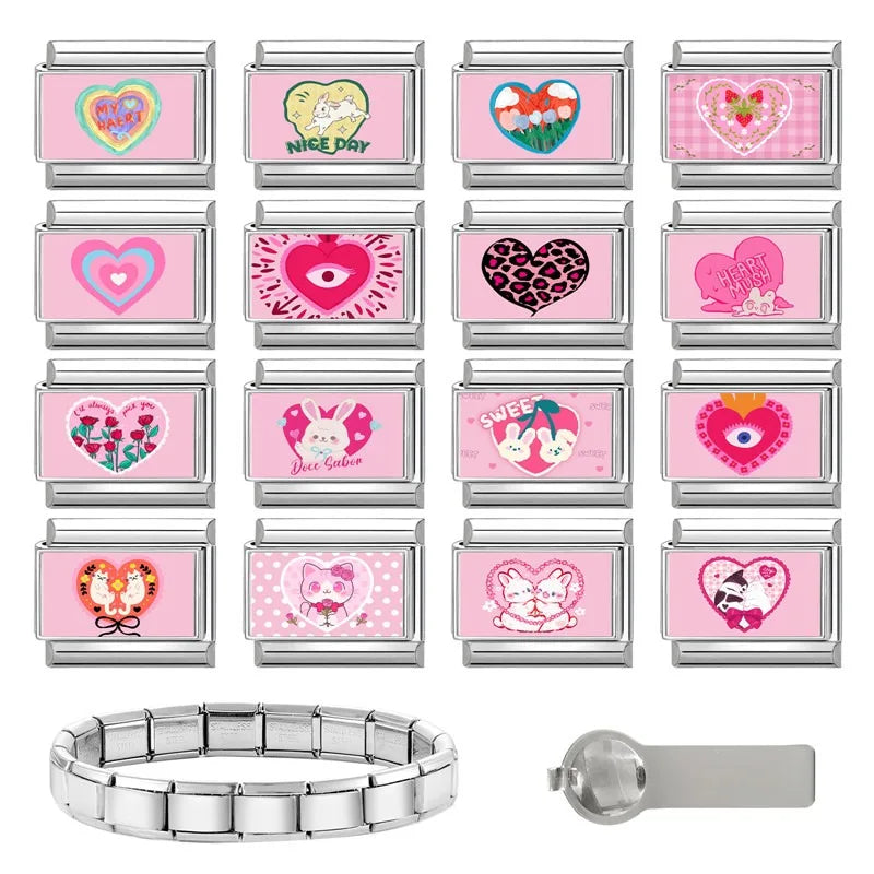 Beautiful Flower Y2K Black Star Dog Heart Pink Italian Charm Link Fit 9mm Stainless Steel Sweet Bracelet Jewelry Making DIY Gift