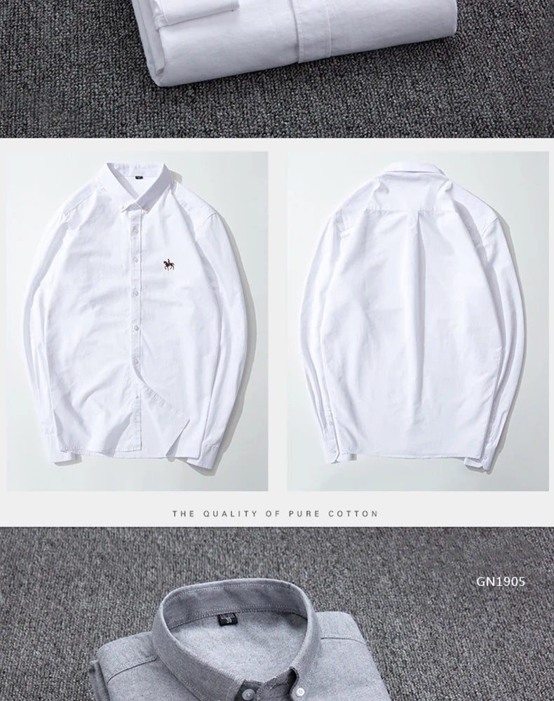 Casual Pure Cotton Oxford Mens Shirts Long Sleeve Embroidery Horse Design Regular Fit Fashion Button Man White Dress Shirt