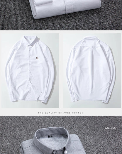 Casual Pure Cotton Oxford Mens Shirts Long Sleeve Embroidery Horse Design Regular Fit Fashion Button Man White Dress Shirt
