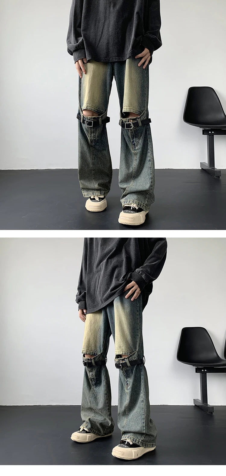 Men's Jeans Retro Trousers Knee Holes Splicing High Street Loose Denim Trousers Flared Jeans Straps Cowboy Casual Long Pants