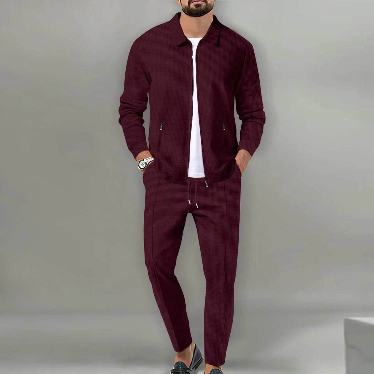 Autumn Winter Men's Casual Blazer Set New Fashion Waffle Baseball Suit Round Neck Pocket Zipper Long Sleeve Trousers Two-Piece S