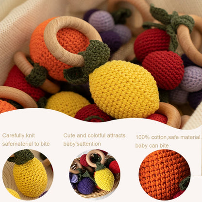 Wooden Baby Teether Cute Fruit Style Handmade Crochet Rattle Toys Newborn Soother Teething Chew Toys for Boys Girls Babies Gifts
