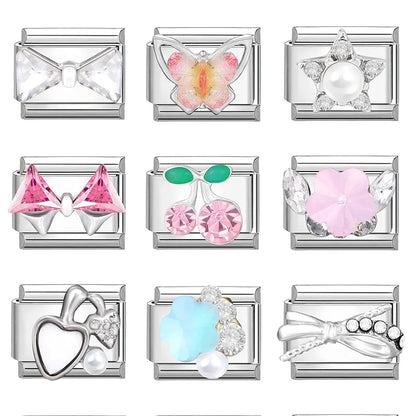 Zircon Star Heart Bow Moon Cherry Moon Italian Charm Links Fit 9mm Stainless Steel Bracelet Women Jewelry DIY Making Gifts
