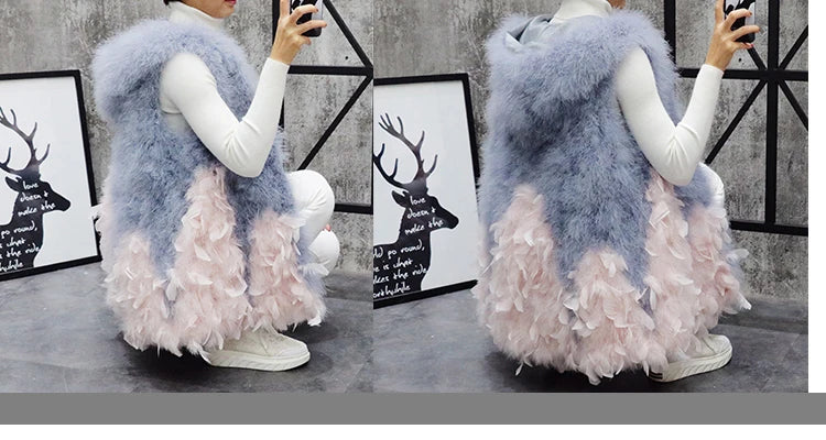 New Turkey feather waistcoat with hat and big swing, medium and long fur coat can be customized