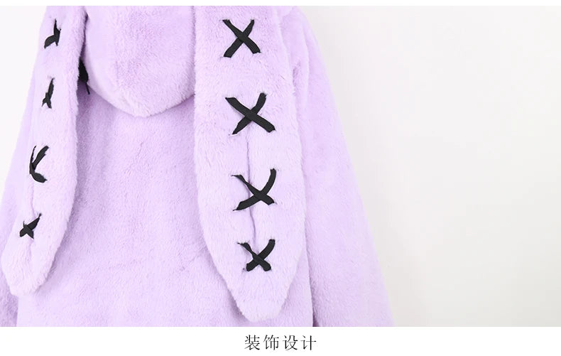 Nerazzurri Autumn Winter Sweet Cute Kawaii Soft Thick Warm Faux Fur Coat Women with Bunny Ears Cute Fluffy Jacket Hoodie 2024