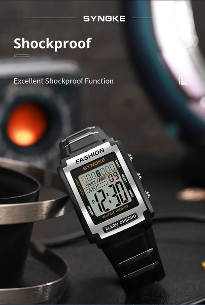 SYNOKE Men Rectangular Sports Electronic Watch Waterproof 50M Night Light Large Screen Alarm Clock Trend Retro Style